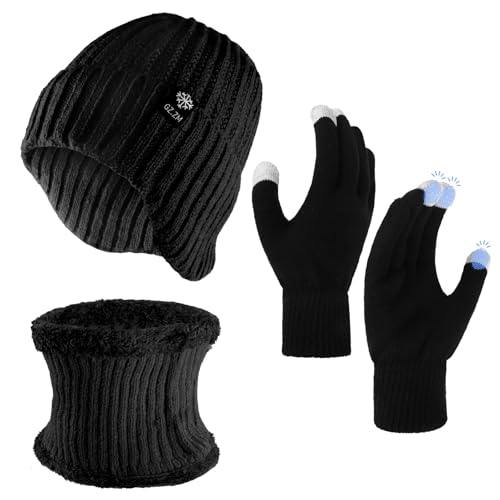 3 Stück Wintermütze Halswärmer Touchscreen Handschuhe Set für Herren Damen, Beanie Strickmütze mit Warmem Wollfutter und Ohrklappen, Loop Schal Warme Handschuhe, Unisex 3-in-1 Winter-Set (Schwarz) von Zidoley