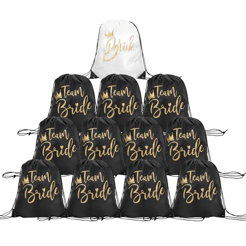 Zidoley 12 Stück Junggesellenabschied Frauen Team Braut JGA Turnbeutel Team Bride Tasche mit Kordelzug, JGA Accessoires Frauen Braut Geschenke (1 weiß + 11 schwarz) von Zidoley