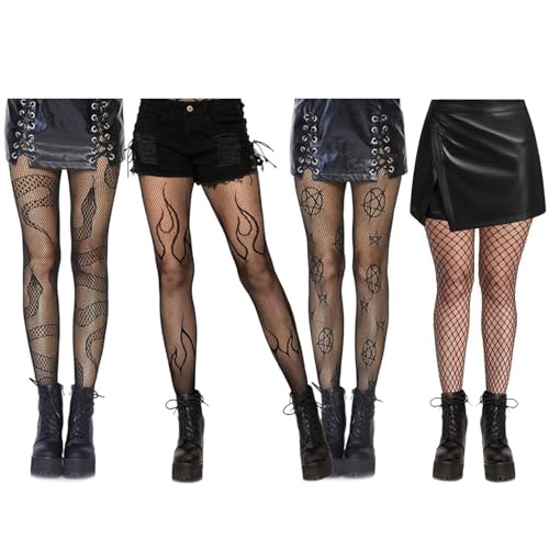Zidoley 4 Paar Strumpfhosen Damen Muster Strumpfhose Halloween Tattoo Netzstrümpfe Schädel Spinnennetz Halloween Fishnet Stockings Netzstrumpfhose Schwarz von Zidoley