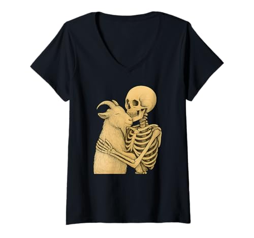 Damen Skelett umarmt Ziege Halloween T-Shirt mit V-Ausschnitt von Ziegenmama T -Shirt für Männer Frauen Mädchen