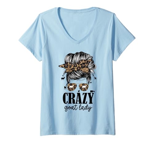 Damen Verrückte Ziegendame chaotische Brötchen T-Shirt mit V-Ausschnitt von Ziegenmama T -Shirt für Männer Frauen Mädchen