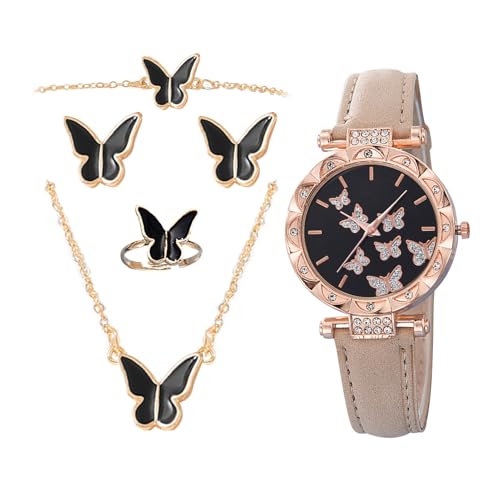 Ziennhu Damen Armbanduhren | 5 Stück Schmetterling Uhr Set Mit Ringen Halskette | Schmuck Accessoires Mode Für Date Alltag Reisen Büro Urlaub Veranstaltungen Party von Ziennhu
