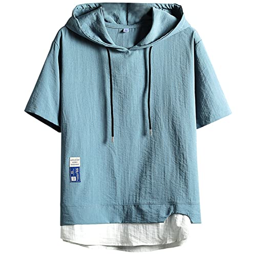 Zifipeoed Herren T-Shirt Kapuze Kapuzenpullover Sweatshirt Hoodie Patchwork Pullover Baumwolle Kurzarm Kurzarmshirt Sportswear Blau 2X von Zifipeoed
