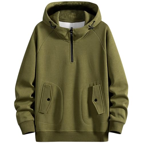 Zifipeoed Hoodie Herren Basic Stehkragen Kapuzenpullover Warm Pullover Casual Halber Reißverschluss Sweatshirt mit Kapuze Taschen Grün 2XL von Zifipeoed