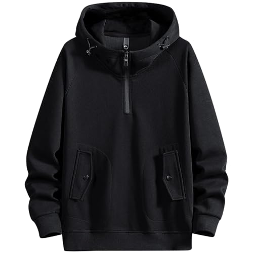 Zifipeoed Hoodie Herren Basic Stehkragen Kapuzenpullover Warm Pullover Casual Halber Reißverschluss Sweatshirt mit Kapuze Taschen Schwarz XL von Zifipeoed