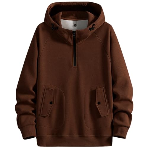 Zifipeoed Hoodie Herren Basic Stehkragen Kapuzenpullover Warm Pullover Casual Halber Reißverschluss Sweatshirt mit Kapuze Taschen Braun 2XL von Zifipeoed