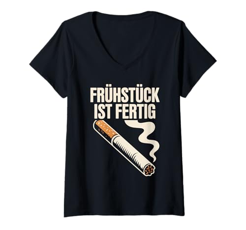 Damen Frühstück Ist Fertig Zigaretten Motiv T-Shirt mit V-Ausschnitt Damen Frühstück Ist Fertig Zigaretten Motiv T-Shirt mit V-Ausschnitt von Zigaretten Rauch Humor Lustige Sprüche Fans