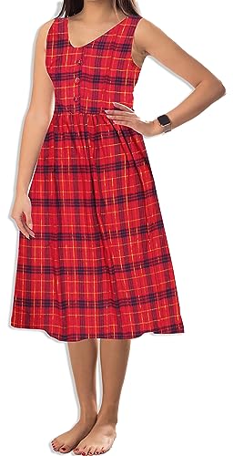 Zigster Damen Baumwolle Karo Midi Kleid Rot Ärmellos (DE/NL/SE/PL, Alphanumerisch, XL, Regular, Regular) von Zigster