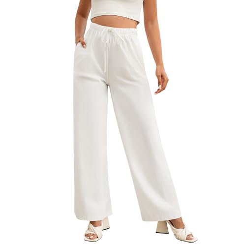 Zilams Bequeme Hose Damen Hosen Sommer Elegant Leinenhose mit Tunnelzug und Taschen Stoffhose Damen Sommer Relaxhose Weites Bein Casual Weiß XXL von Zilams