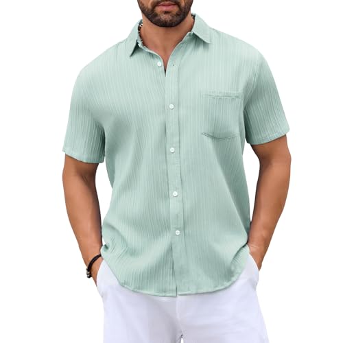 Zilams Kurzarmhemd Herren Hemd Kurzarm Sommerhemd Herren Kurzarm Freizeithemd Kurzärmliges Hemd mit Brusttasche Summer Shirt Men Hellgrün L von Zilams