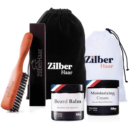 ZilberHaar - Bartpflege-Set für Männer - 1 Bartbürste Regular + 1 Bartbalsam + 1 Feuchtigkeitscreme + 1 Bartschürze - Harte Wildschweinborsten - Samtbeutel ZilberHaar - Bartpflege-Set für Männer - 1 Bartbürste Regular + 1 Bartbalsam + 1 Feuchtigkeitscreme + 1 Bartschürze - Harte Wildschweinborsten - Samtbeutel von ZilberHaar