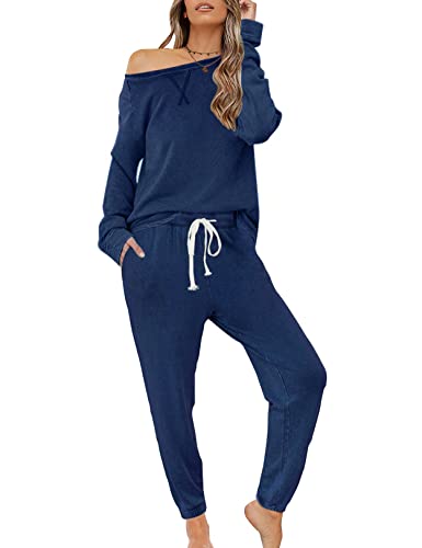 Zilcremo Damen Zweiteiliger Schlafanzug Set Baumwolle Langarm Nachtwäsche Sleepwear und Pyjamahose Lounge Sets Dunkelblau L von Zilcremo