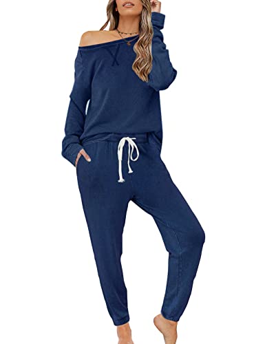 Zilcremo Damen Zweiteiliger Schlafanzug Set Baumwolle Langarm Nachtwäsche Sleepwear und Pyjamahose Lounge Sets Dunkelblau XL von Zilcremo