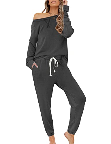 Zilcremo Damen Zweiteiliger Schlafanzug Set Baumwolle Langarm Nachtwäsche Sleepwear und Pyjamahose Lounge Sets Dunkelgrau L von Zilcremo