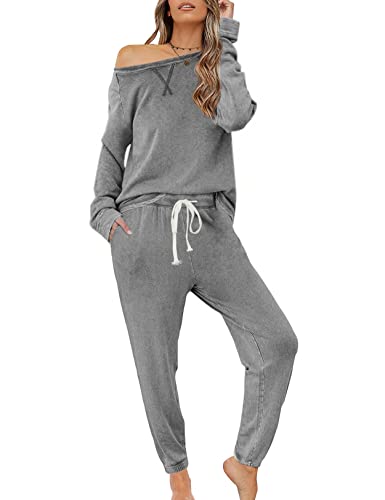 Zilcremo Damen Zweiteiliger Schlafanzug Set Baumwolle Langarm Nachtwäsche Sleepwear und Pyjamahose Lounge Sets Hellgrau XL von Zilcremo