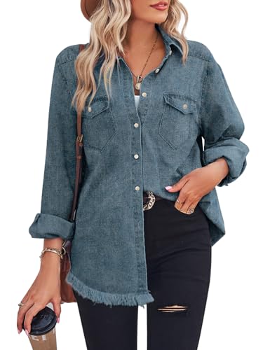 Zilcremo Damen-Denim-Hemd, Chambray-Kragen, Jeanshemd, langärmelig, Tasche, Button-Down-Blusen, Washedblue, XX-Large von Zilcremo