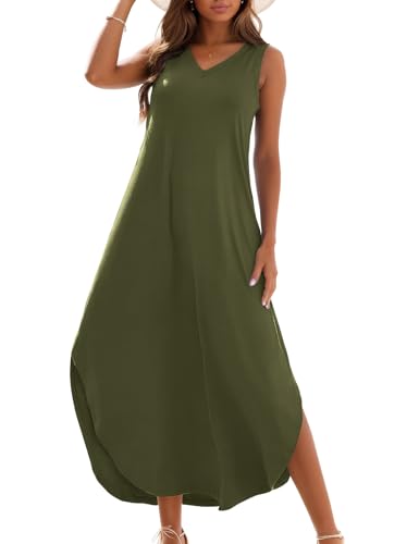 Zilcremo Damen-Sommerkleid, lässig, locker, langes Kleid, ärmellos, V-Ausschnitt, geteiltes T-Shirt, Maxikleider, Army Grün, Groß von Zilcremo