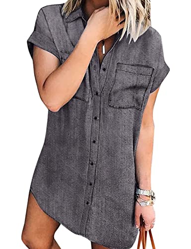 Zilcremo Jeanskleid Damen Sommer Kurzarm Button Down Kurz Denim Kleid Blusenkleid Hemdkleid Sommerkleid Grau L von Zilcremo