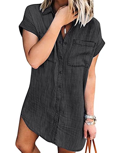 Zilcremo Jeanskleid Damen Sommer Kurzarm Button Down Kurz Denim Kleid Blusenkleid Hemdkleid Sommerkleid Schwarz S von Zilcremo