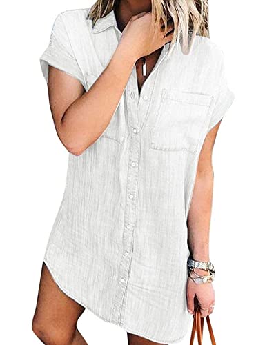 Zilcremo Jeanskleid Damen Sommer Kurzarm Button Down Kurz Denim Kleid Blusenkleid Hemdkleid Sommerkleid Weiß S von Zilcremo