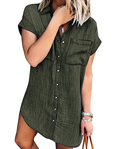 Zilcremo Jeanskleid Damen Sommer Kurzarm Button Down Kurz Denim Kleid Blusenkleid Hemdkleid Sommerkleid Armeegrün XL von Zilcremo