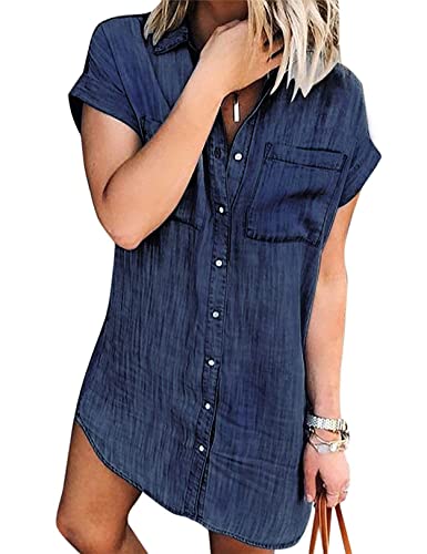 Zilcremo Jeanskleid Damen Sommer Kurzarm Button Down Kurz Denim Kleid Blusenkleid Hemdkleid Sommerkleid Dunkelblau L von Zilcremo