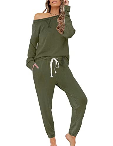 Zilcremo Damen Zweiteiliger Schlafanzug Set Baumwolle Langarm Nachtwäsche Sleepwear und Pyjamahose Lounge Sets Armeegrün L von Zilcremo