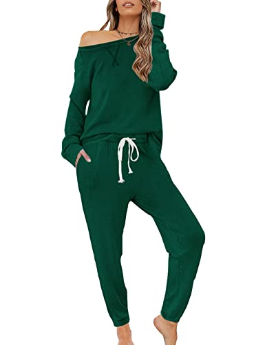 Zilcremo Damen Zweiteiliger Schlafanzug Set Baumwolle Langarm Nachtwäsche Sleepwear und Pyjamahose Lounge Sets Dunkelgrün M von Zilcremo