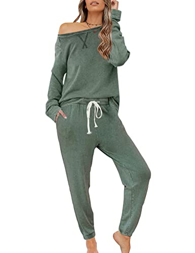 Zilcremo Damen Zweiteiliger Schlafanzug Set Baumwolle Langarm Nachtwäsche Sleepwear und Pyjamahose Lounge Sets Grün L von Zilcremo