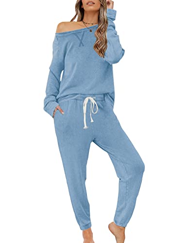 Zilcremo Damen Zweiteiliger Schlafanzug Set Baumwolle Langarm Nachtwäsche Sleepwear und Pyjamahose Lounge Sets Himmelblau XL von Zilcremo