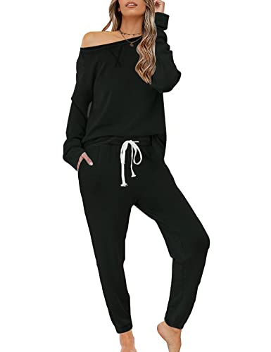 Zilcremo Damen Zweiteiliger Schlafanzug Set Baumwolle Langarm Nachtwäsche Sleepwear und Pyjamahose Lounge Sets Schwarz1 L von Zilcremo