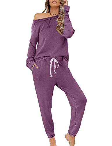 Zilcremo Damen Zweiteiliger Schlafanzug Set Baumwolle Langarm Nachtwäsche Sleepwear und Pyjamahose Lounge Sets Violett M von Zilcremo