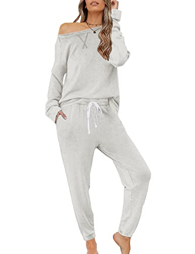 Zilcremo Damen Zweiteiliger Schlafanzug Set Baumwolle Langarm Nachtwäsche Sleepwear und Pyjamahose Lounge Sets Weiß L von Zilcremo