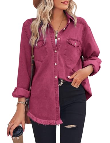 Zilcremo Frauen Denim Hemd Chambray Kragen Jean Shirts Langarm Tasche Button Down Blusen, Rose, X-Groß von Zilcremo