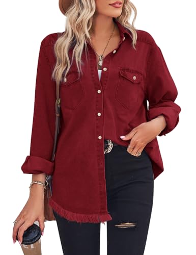 Zilcremo Frauen Denim Hemd Chambray Kragen Jean Shirts Langarm Tasche Button Down Blusen, Rot/Ausflug, einfarbig (Getaway Solids), Mittel von Zilcremo