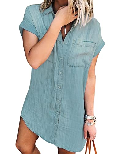 Zilcremo Jeanskleid Damen Sommer Kurzarm Button Down Kurz Denim Kleid Blusenkleid Hemdkleid Sommerkleid Blauvogel XL von Zilcremo