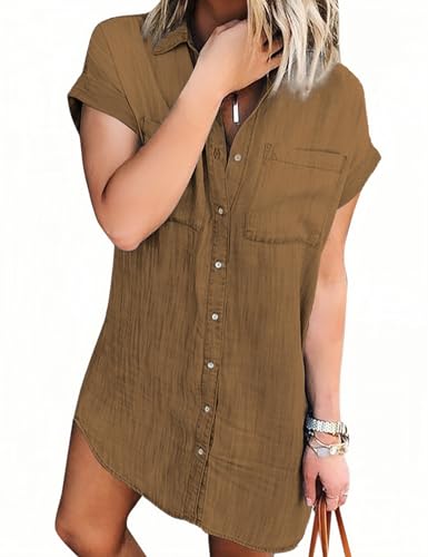 Zilcremo Jeanskleid Damen Sommer Kurzarm Button Down Kurz Denim Kleid Blusenkleid Hemdkleid Sommerkleid Braun M von Zilcremo