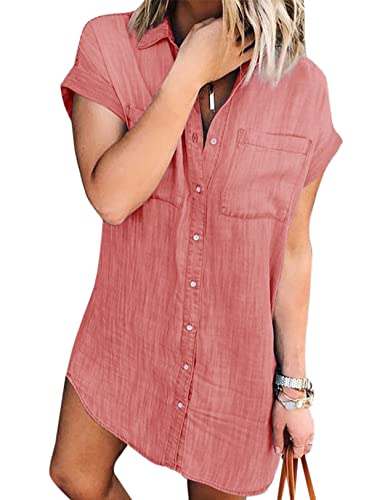 Zilcremo Jeanskleid Damen Sommer Kurzarm Button Down Kurz Denim Kleid Blusenkleid Hemdkleid Sommerkleid Rosa L von Zilcremo