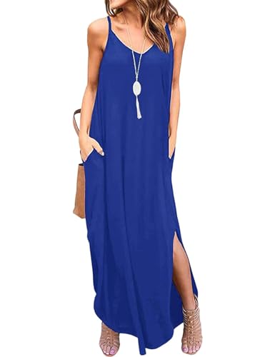 Zilcremo Sommerkleid Damen Spaghetti-Träge V-Ausschnitt Freizeitkleid Strandkleid Lose Maxikleider Knielanges Kleider mit Taschen Royalblau S von Zilcremo