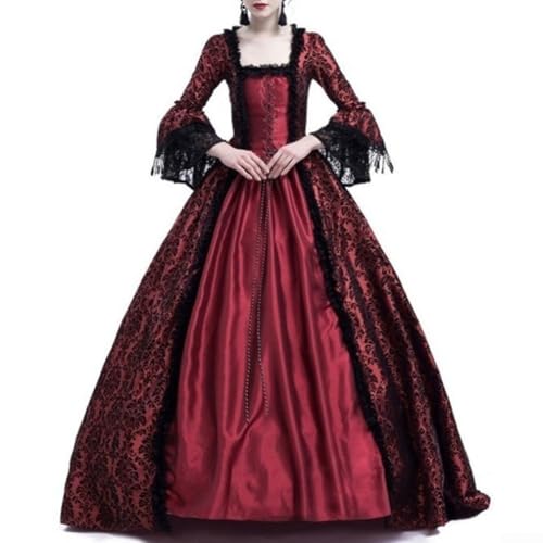 Damen Spitze Spleißen Große Trompetenärmel Mittelalter Kleid Retro Kleid (XL Rotwein) von Zilimontt
