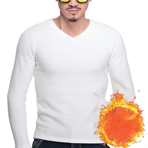 Herren Casual Thermo Fleece Gefüttert Langarm Unterhemd mit V-Ausschnitt Design (M Weiß) von Zilimontt