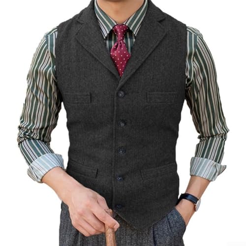 Zilimontt Herren Anzugweste Vintage Fischgräten-Kerbe Revers Slim Retro Tweed Weste Hochzeit Tweed Weste Vintage Fischgrätenweste (L Schwarz) von Zilimontt