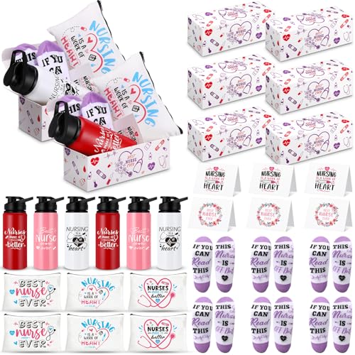 Ziliny 6 Set mit 30 Stück Krankenschwestergeschenken für Frauen, Krankenschwester-Werbungsgeschenke, Großpackung, 590 ml, Wasserflasche, Segeltuch, Make-up-Tasche, Socken, Karten mit Geschenkbox für Ziliny 6 Set mit 30 Stück Krankenschwestergeschenken für Frauen, Krankenschwester-Werbungsgeschenke, Großpackung, 590 ml, Wasserflasche, Segeltuch, Make-up-Tasche, Socken, Karten mit Geschenkbox für von Ziliny