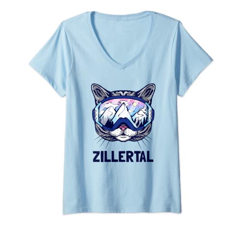Damen Zillertal Alpen Bergpanorama Skibrille Katzen T-Shirt mit V-Ausschnitt Damen Zillertal Alpen Bergpanorama Skibrille Katzen T-Shirt mit V-Ausschnitt von Zillertal Winter City Alpine Ski Cat