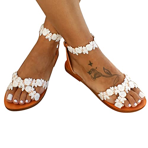 Zilosconcy Damen Sandalen Lässige Lace Spitze Riemchen Elegante Flip Flop Sandals Schuhe Flache Römische Zehe Ring Römersandalen Sandalen Zehentrenner Blumen Gladiator Strandsandalen Sommerschuhe von Zilosconcy