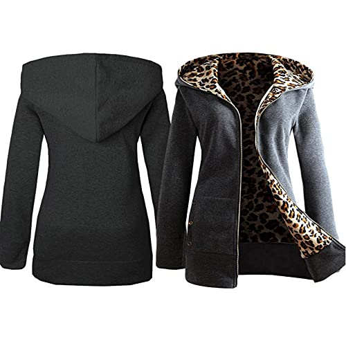 Damen Softshelljacke Warm gefüttert Leopard Winterjacke Winddicht mantel Oversized Dicker Wintermantel mit Tasche Zip Up Hoodie Midi Lang Jacke Übergangsjacke Sweatjacke Winter (j0802A-Dark Gray, S) von Zilosconcy