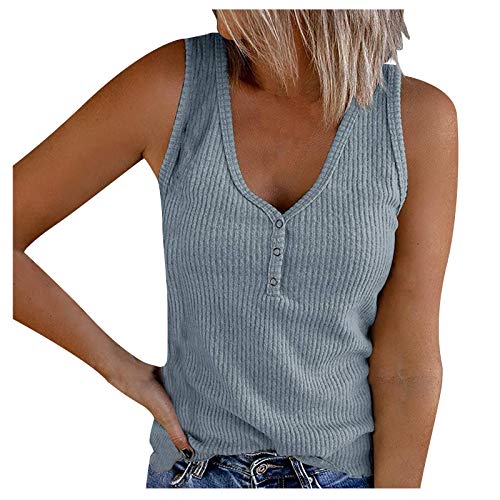 Damen Tanktops mit V-Ausschnitt Sommer Gerippte Ärmellose Henley Bluse Lässige Lose Geknöpfte Cami Strick T-Shirts von Zilosconcy