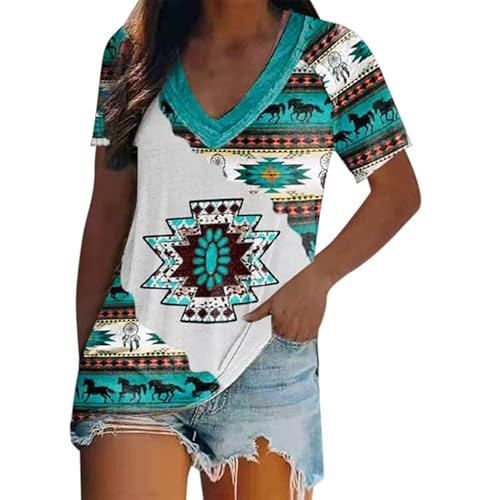 Damen Western Ethnic Style Top Shirt Muster Bedruckt V Ausschnitt Fashion T Shirt Western Style Kurzarm Freizeithemd Fake von Zilosconcy