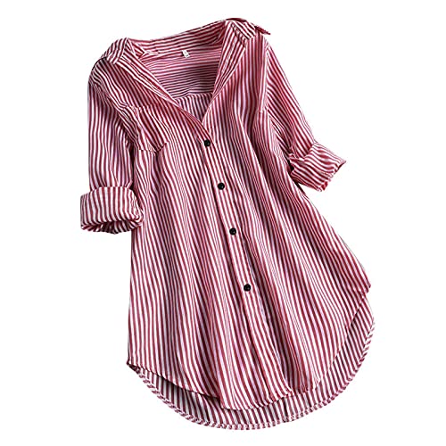 Longbluse Damen Elegant Langarmshirt Longbluse Blau-Weiß Gestreifte Lang Damenhemd Sommer Oversized Tunika Hemd Mode V-Ausschnitt Leicht Große Größen Oberteile Tops Streifenbluse Hemdbluse von Zilosconcy