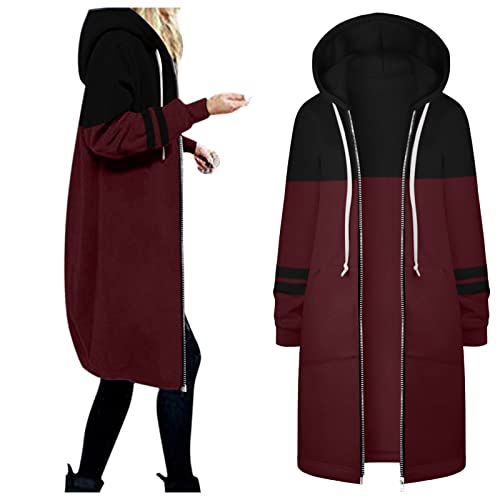 Neu Sweatjacke Gefüttert Damen Lang Sweatshirt mit Kapuzen Baumwolle Kapuzenjacke Zip Hoodie Sweatshirtjacke Sweatshirts Sweatjacken Frauen Kapuzenpullover Lange Pullover Reißverschluss (jA-Wine, XXL) von Zilosconcy